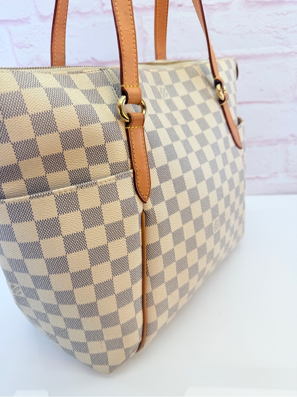 Luxury Checkered Canvas Tote with Tan Leather Straps - Picture 2 of 14